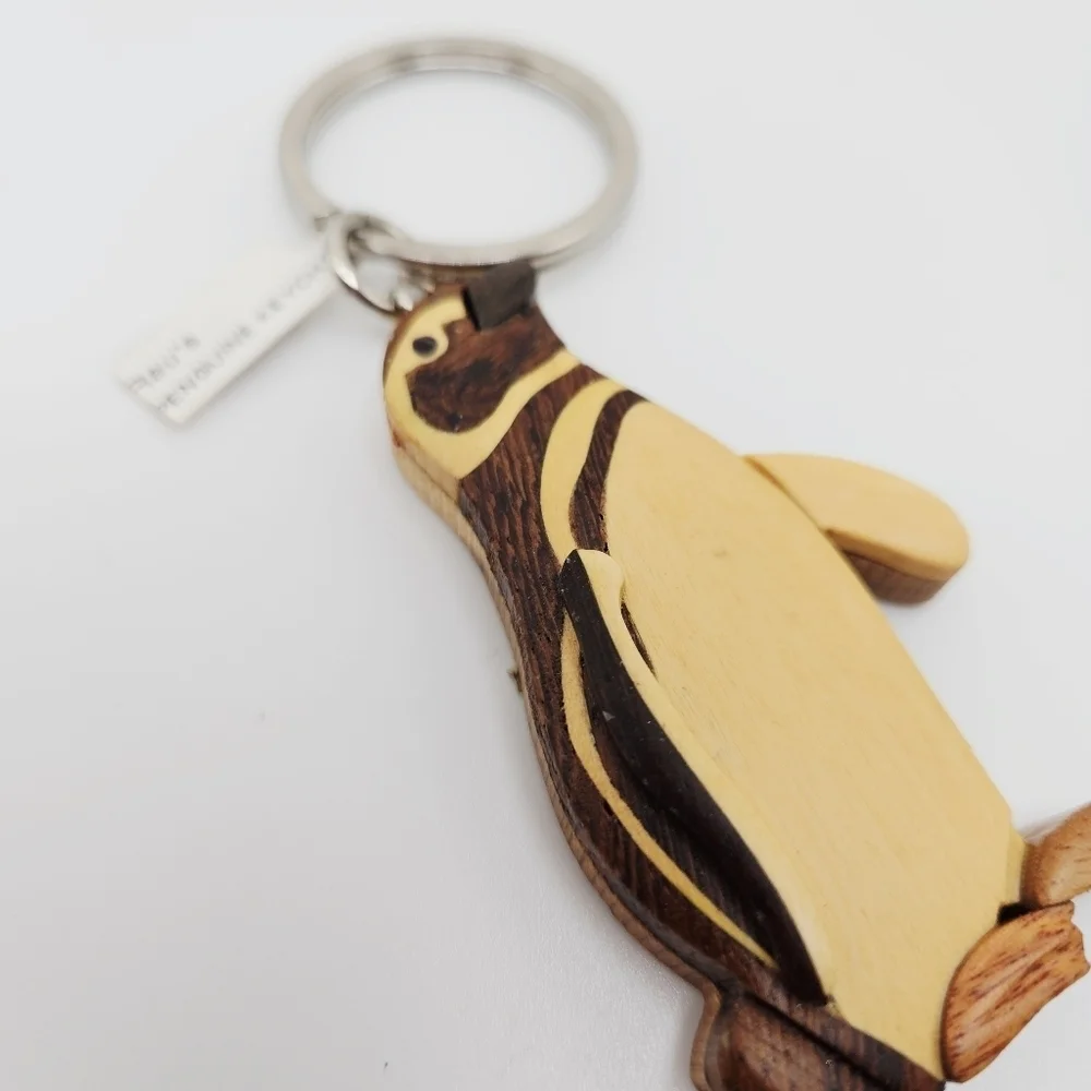 NEW Wooden Layered Wood Penguin Keychain